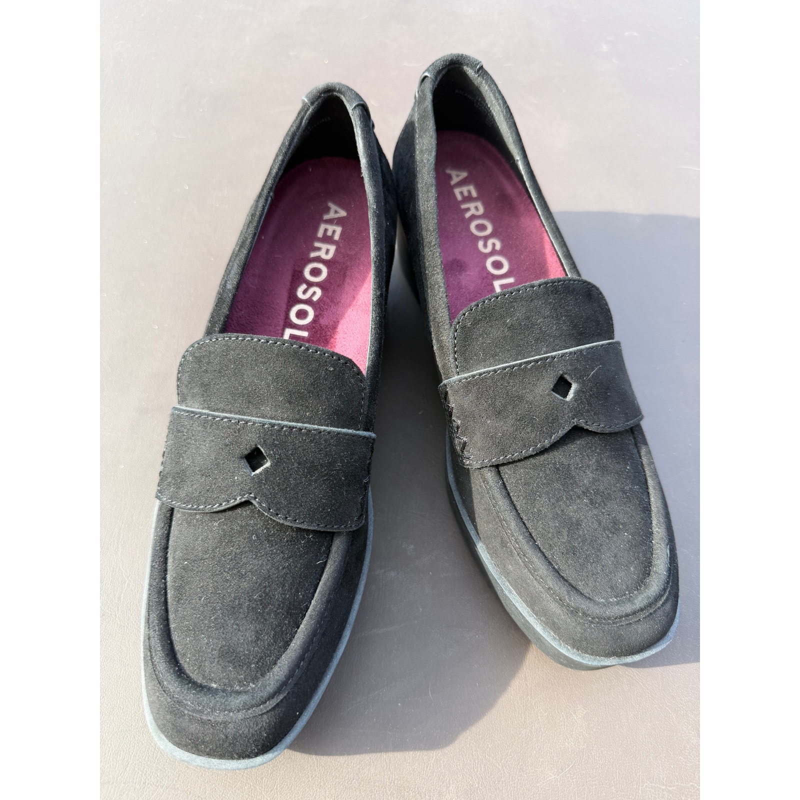 Aerosoles Cetara Black Suede Leather Wedge Penny Loafers Platform Womens 9